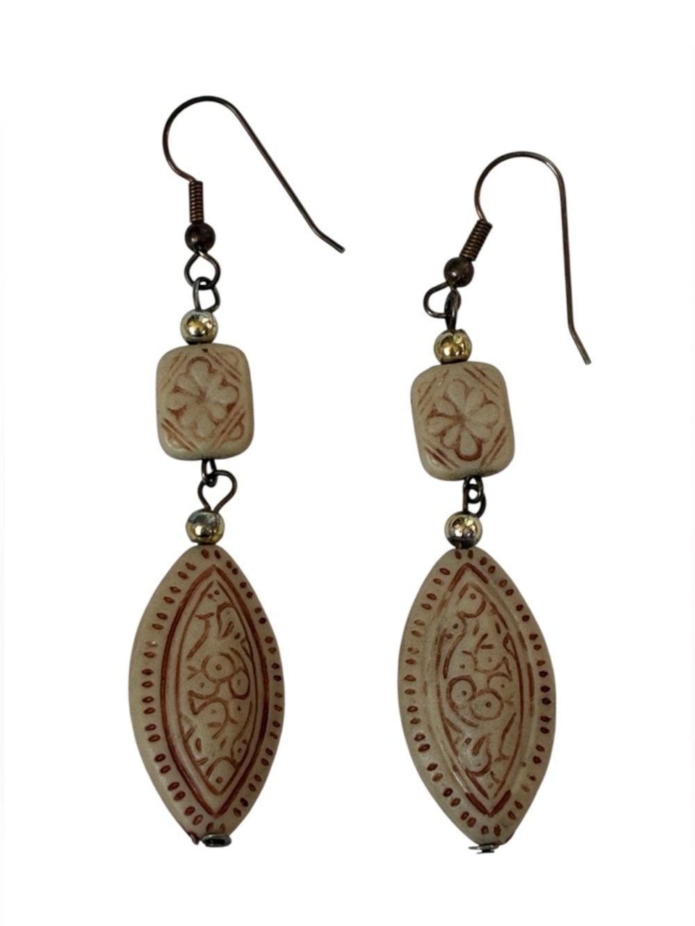 CARVED BEADED EARRINGS TRIBAL BOHO